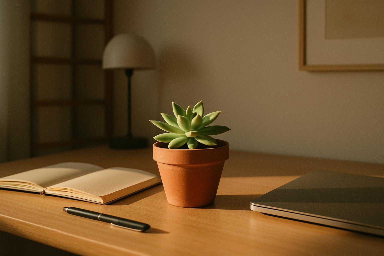 A wooden desk with a small succulent in a terracotta pot, a notebook, pen, laptop and lamp in the background at an unident...