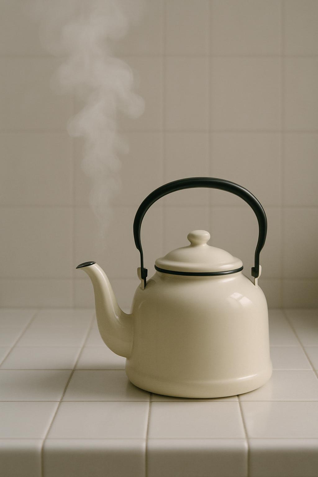 A white enamel teapot with a black handle sits on a white tiled counter, emitting steam from its spout, in a minimalist se...