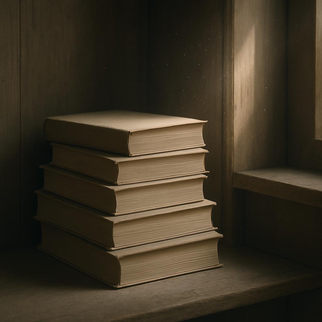 A stack of old beige hardcover books, faded and aged, in a dusty, dimly lit environment with wooden walls, evoking a sense...