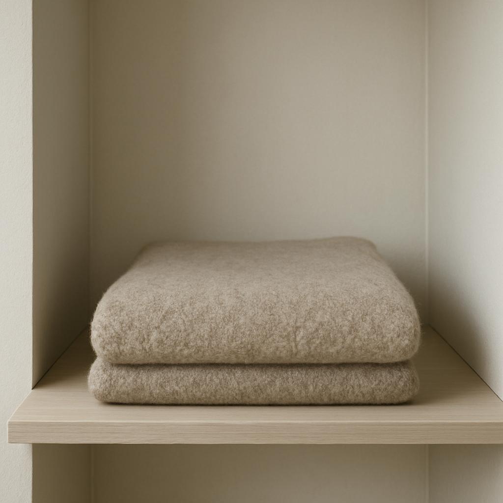 The shelf in the image appears to hold two folded wool blankets. The blanket at the top is on top of the other blanket.