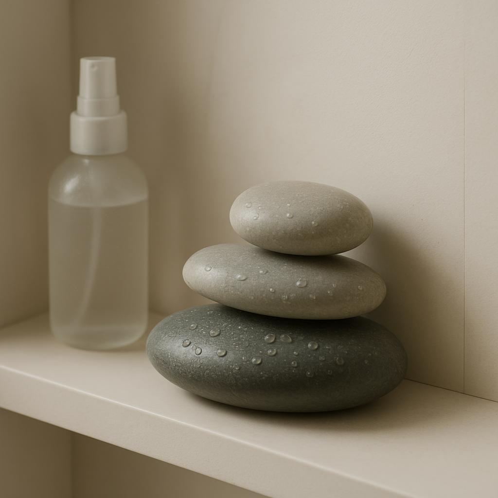 These are several various smooth and wet stones stacked in a neutral gray to black gradient that is posted in front of a n...